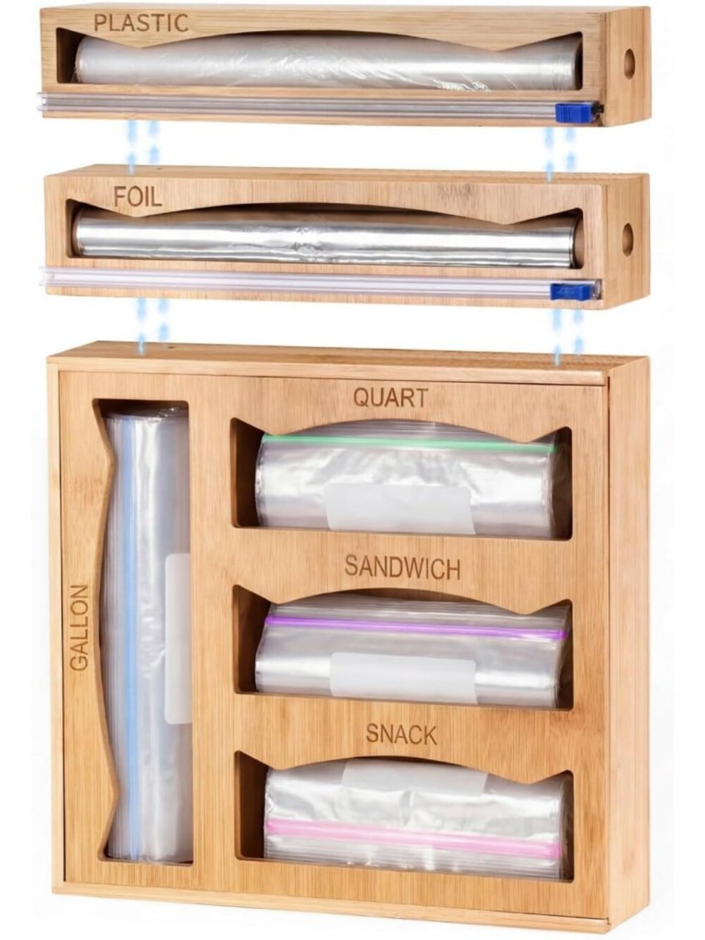 6-in-1 Bamboo Kitchen Drawer Organizer for Bags, Foil & Wrap Storage Solution